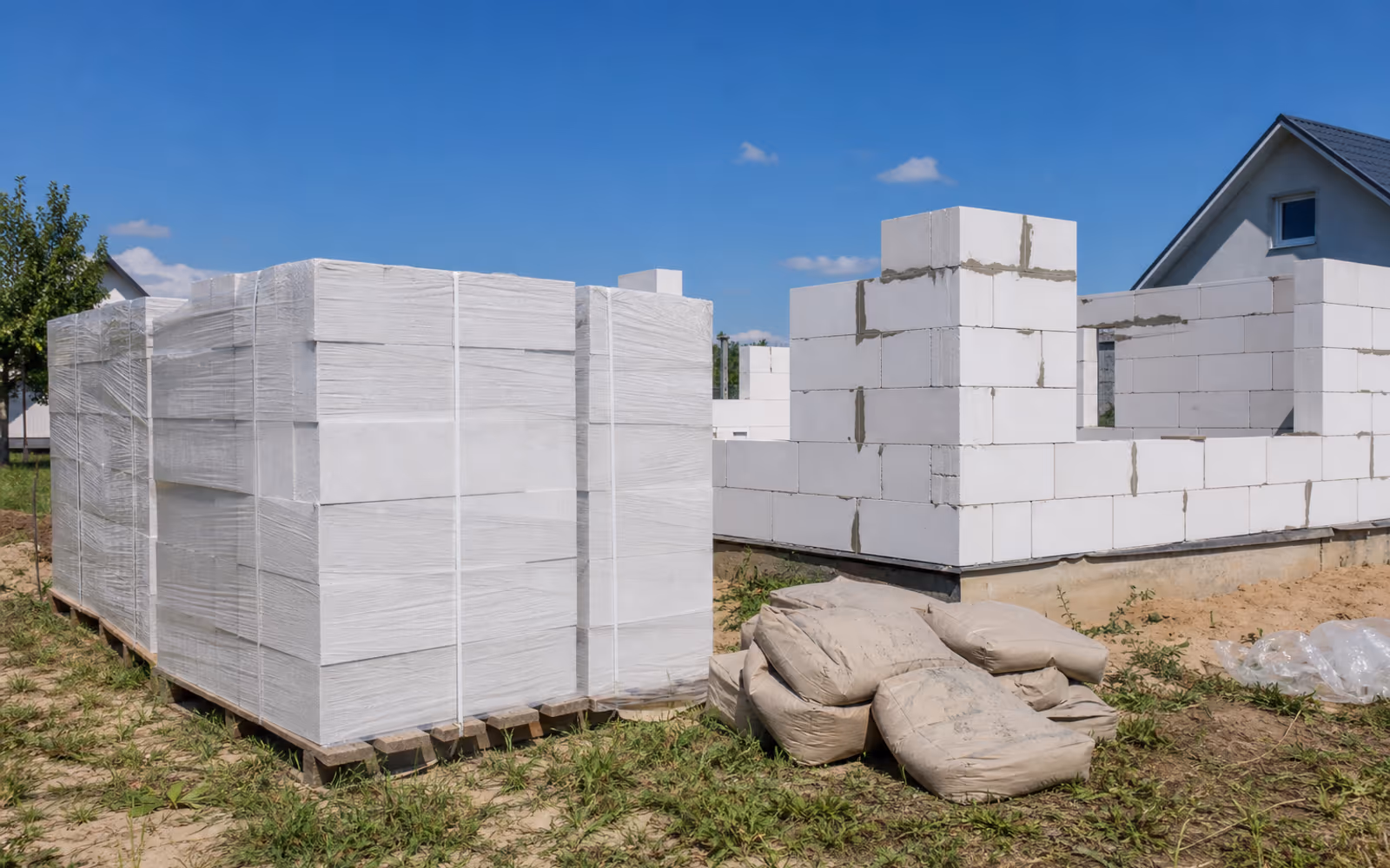 Паллеты газосиликатных блоков на стройке частного дома в Могилёвской области — Aleopt