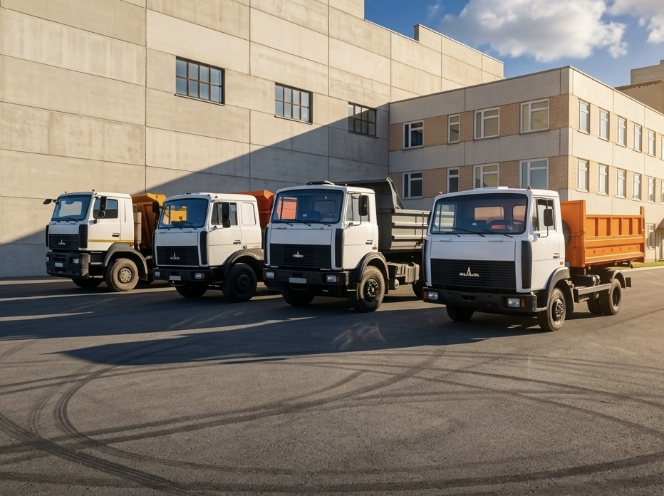 Автопарк Aleopt: самосвалы у производственного комплекса