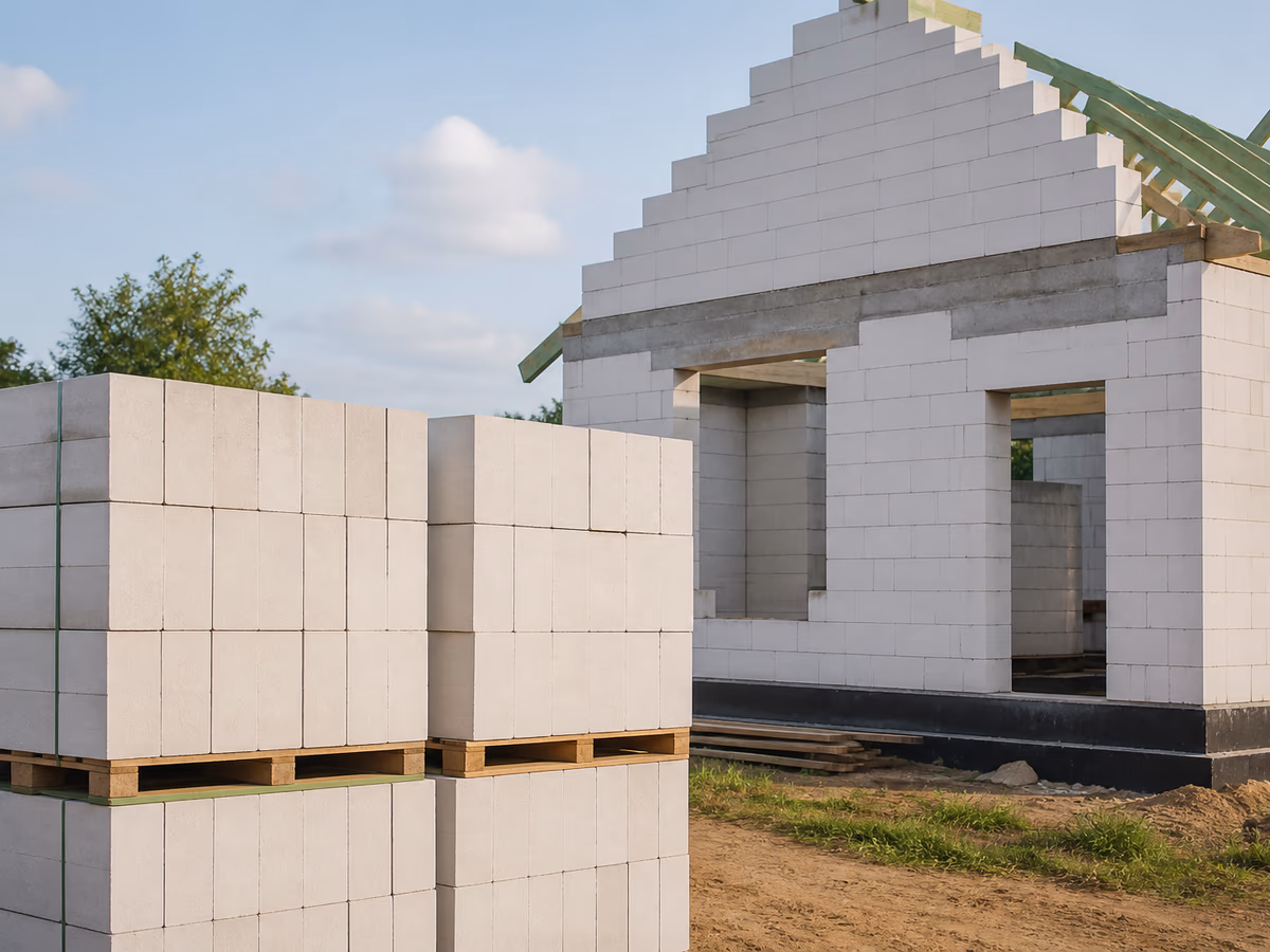 Газосиликатные блоки на поддонах у коробки дома — комплект Aleopt