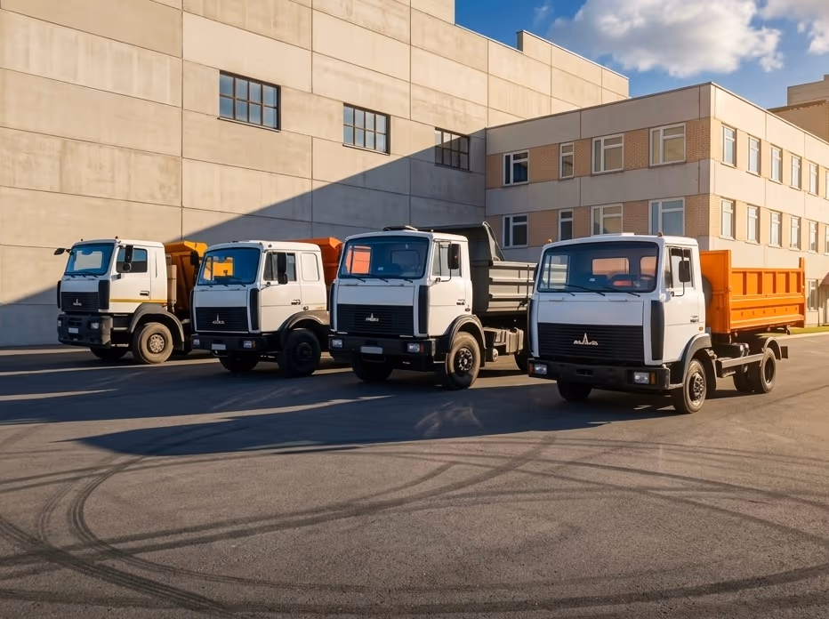 Автопарк Aleopt: самосвалы у производственного комплекса